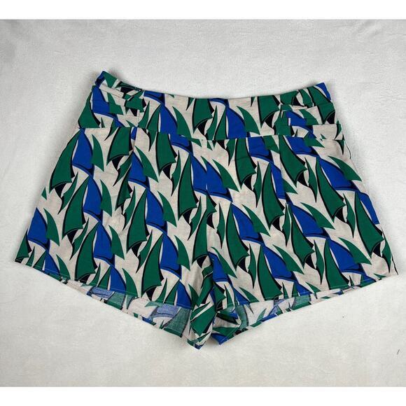 Zara Linen Women's High Waist Blue Green Geometric Print Shorts‎ Size L - Picture 3 of 9